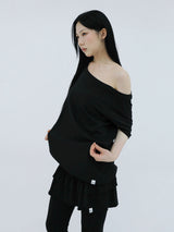 UNBALANCE BUTTON SHOULDER TOP(BLACK)