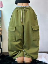 フリースピカブルー❤ベーシックワイドカーゴバルーンロングパンツ💚💙🖤🩶🤍5カラー