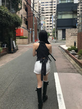 ニール ストライプ バックレス ホルター カラー シャツ