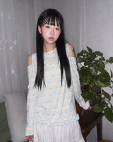 (2color) Frill Slub Stripe Cut-Out Shoulder Long Sleeve Tee