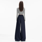 Navy Check Asymmetric Waist Wide-Leg Trousers
