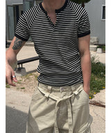 [Slim Fit] ストライプヘンリーネックハーフニットTシャツ(3color)