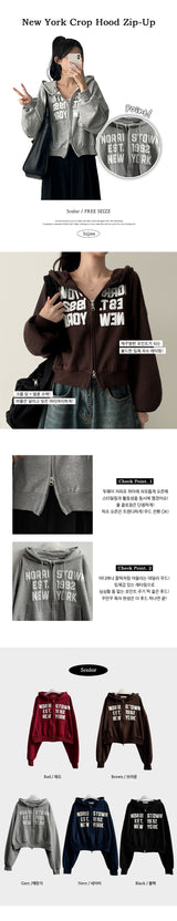 New York Lettering Two Way Cropped Hooded Zip-Up