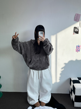 RIBBON PATTERN VELVET HOOD ZIP-UP💚💙🖤 - 3 COLORS