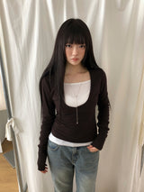 Poin Deep V-Neck Button-Sleeve Long-Sleeve T-Shirt