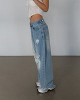 Lace torn jeans. Wide jeans