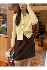 Yellow Twisted Button Round Cardigan