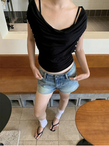 ワンショルダーインナーレイヤードツーピースハルターネックTシャツ