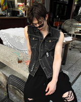 Black Wash Distressed Denim Vest