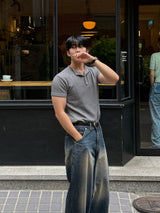 Front cut line henry-neck short sleeve t-shirt
