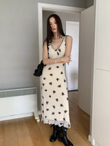 Beige Black Flower Long Dress