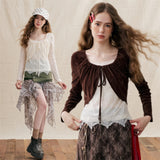 Velvet Shirred Ribbon Bolero Lace Layered T-shirt