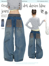 BETWEENAND "Breaking the Rules" Winter Graffiti Polka Dot Splicing Denim Blue Washed Wrinkle Jeans