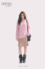 Baby Pink Twisted V-neck Loose Fit Knitwear