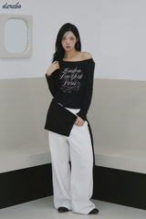 ワイドネックレタリングノーマルフィット長袖Tシャツ