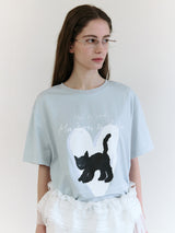 ハートキャットフレンズルーズフィットTシャツ スカイ