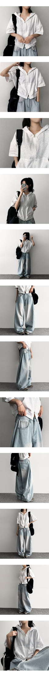 Demo two-way short-sleeved hooded zip-up
