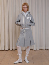 rirri Charcoal Heavyweight 100% Cotton Bow-Detailed Hoodie Set (Zippered Hooded Sweatshirt + Pleated Skirt)