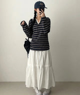 Leaf Waist Banding Line Flare Shirling Kang Kang Long Skirt