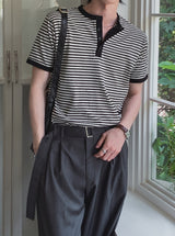 Yushi Stripe Henley Neck Short Sleeve T-Shirt