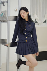 Navy Pleats Gold Shirt Wedding Guest Dress