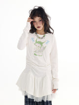 ホワイトメッシュスカートプリンテッドTシャツ