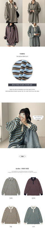 Couple Look🍒 Color Matching Collar Stripe Waffle T-Shirt