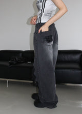 LACE DAMAGE BLACK DENIM