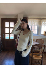 Mink Cuffs Square Neck Lace Long Sleeve T-shirt