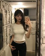 [ cubic✨ ] glint silver pots 3/4 sleeve slim top