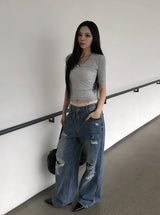 Redo Damage Washing Wide Denim Pants
