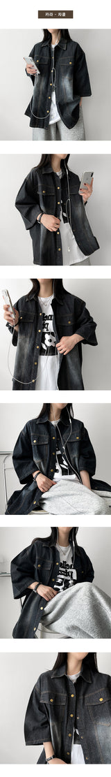 Trin boxy fit denim short-sleeved shirt collar hooded jacket