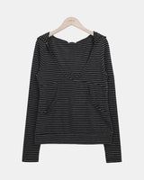 ヒールストライプドディープVネックフードTシャツ