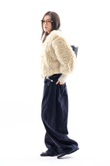 Ribbon tie up soft crop fur jacket