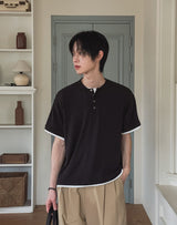 ハーネル レイヤード リブド ヘンリー ネック ショート スリーブ Tシャツ