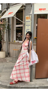 Red checkered V-neck sleeveless long dress