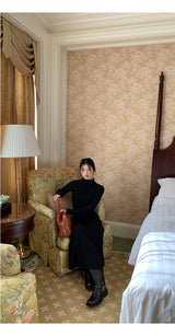 Half Turtleneck Black Flared Long Dress