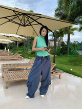 Khaki Cargo Wide Leg Straight Pants