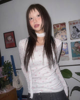 (2color) Ditsy Floral Lace Neck Long Sleeve Tee [Scarf Set]
