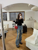 Black Off-Shoulder Cover Long Sleeve T-Shirt