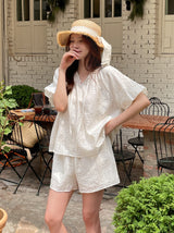 Eyelet Punching Blouse Banding Shorts Set