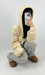 (LOWEST PRICE!/HOT DEAL♥) FLEECE SHERPA HOODIE ZIP-UP BANDING SEMI-CROPPED HOODIE - 3 COLOR