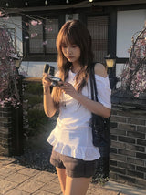 リビー フリル シャーリング オフショルダー ショートスリーブ Tシャツ