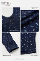 ブルーフローラルディープVロングスリーブTシャツ