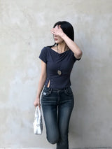 Lost Ball Stud Boat Neck Slit Half Tee