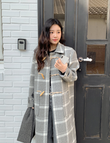 [SHOPPERMADE] アッシュグレーチェックウールロングダッフルコート