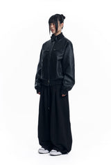 High Neck Leather Crop Jacket - Black