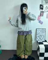 フリースピカブルー❤ベーシックワイドカーゴバルーンロングパンツ💚💙🖤🩶🤍5カラー