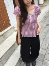 Pocochi Check Shirring Blouse
