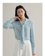 French ribbon tie V-neck blouse